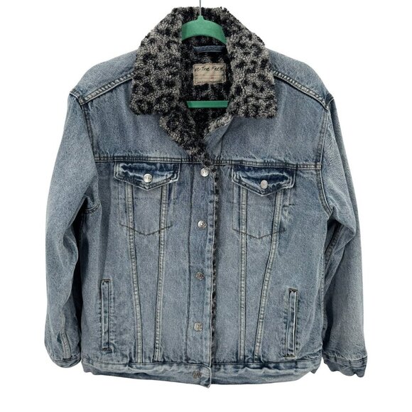 Free People Jean Jacket With Gray Leopard Sherpa Lining Womens XS - Picture 1 of 7